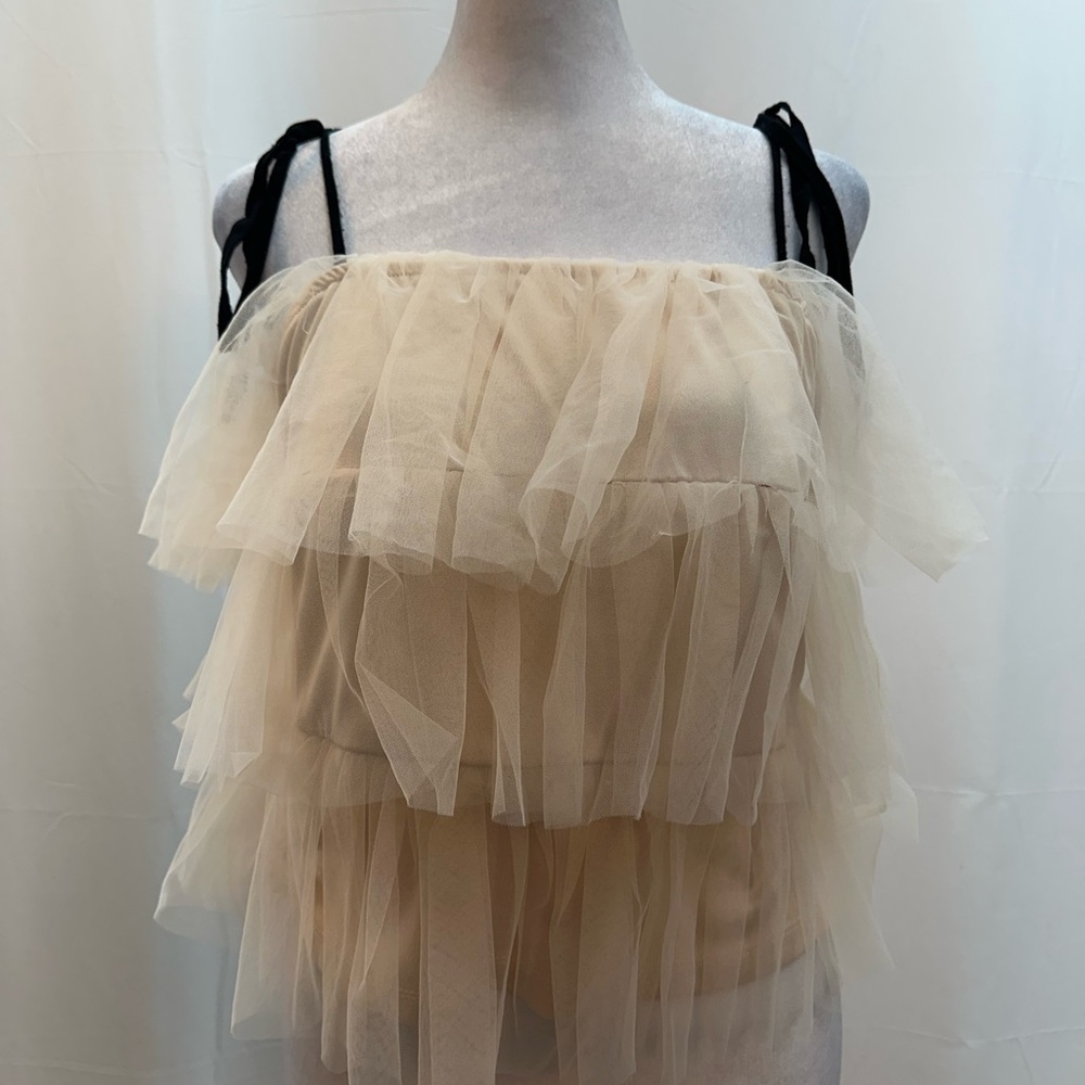 Sunday in Brooklyn Tan Tiered Tulle Camisole with Black Tie Straps S